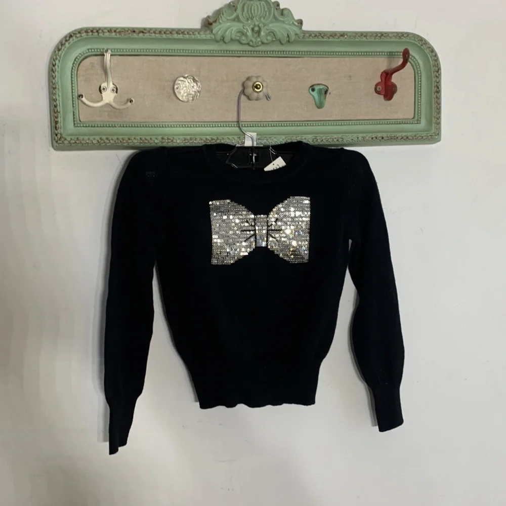 NWT the children’s place black crewneck pull over sweater silver sequin bow  top